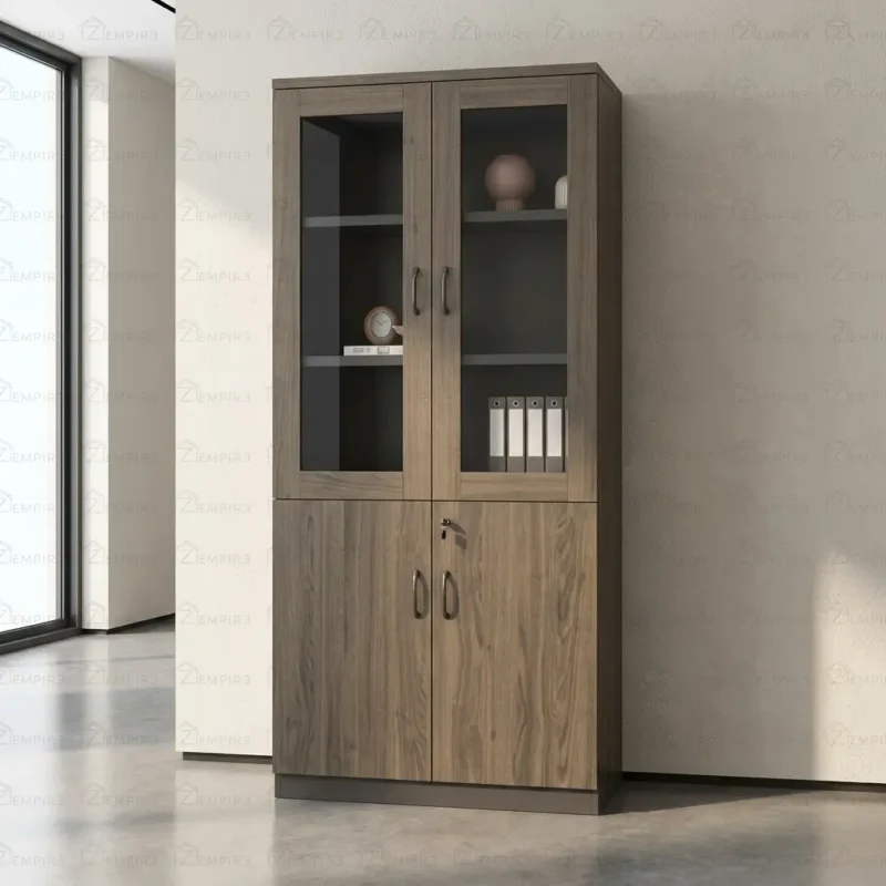 2-door wooden filing cabinet in a dark walnut wood grain finish, featuring an upper storage display section with two glass-paneled doors and interior shelving, a solid wood lower cabinet section with two lockable doors, and matching dark metal loop handles.