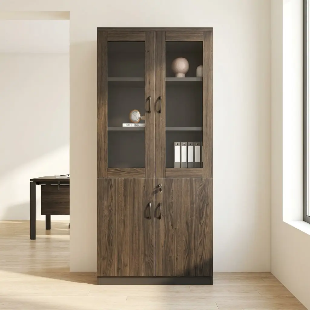 2-door wooden filing cabinet in a dark walnut wood grain finish, featuring an upper storage display section with two glass-paneled doors and interior shelving, a solid wood lower cabinet section with two lockable doors, and matching dark metal loop handles.