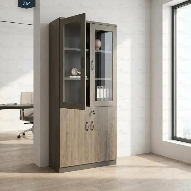 Wooden executive office filing cabinet in a dark walnut finish, featuring an upper display section with dual glass-paneled doors and three interior shelves, and a lower storage section with one solid closed door and one open door revealing a secure, adjustable interior shelf.