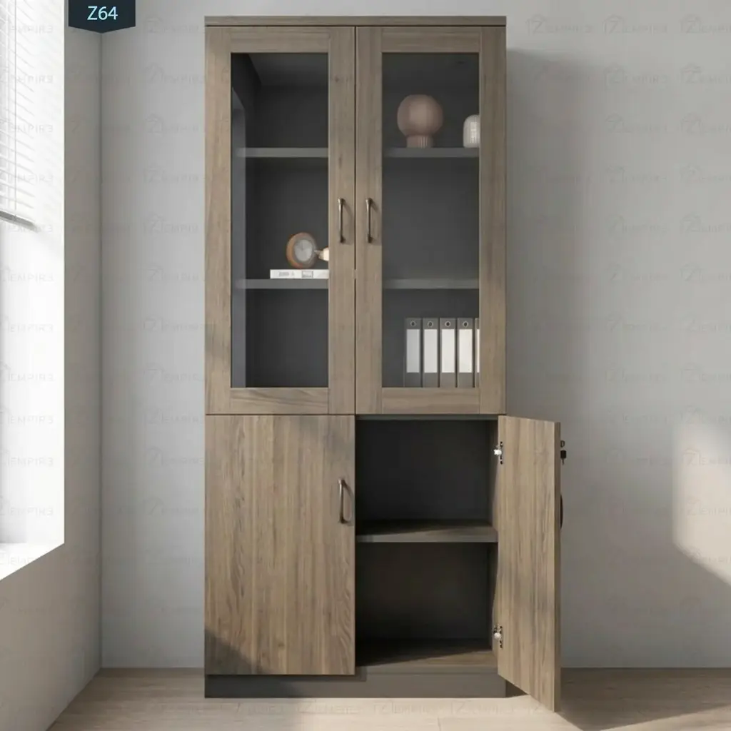 Wooden executive office filing cabinet in a dark walnut finish, featuring an upper display section with dual glass-paneled doors and three interior shelves, and a lower storage section with one solid closed door and one open door revealing a secure, adjustable interior shelf.