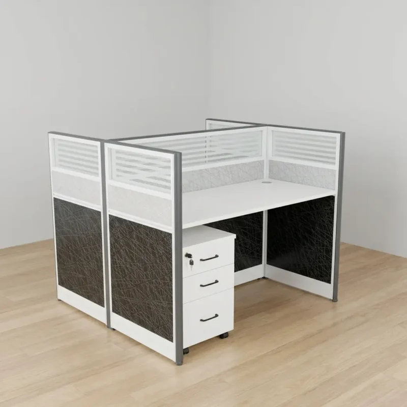 White 2-way office workstation cubicle featuring dual face-to-face modern white tabletops with grommets, separated by tri-panel privacy screens with a striped glass top, a grey middle tier, and textured black lower panels, complete with a lockable white mobile 3-drawer filing cabinet.