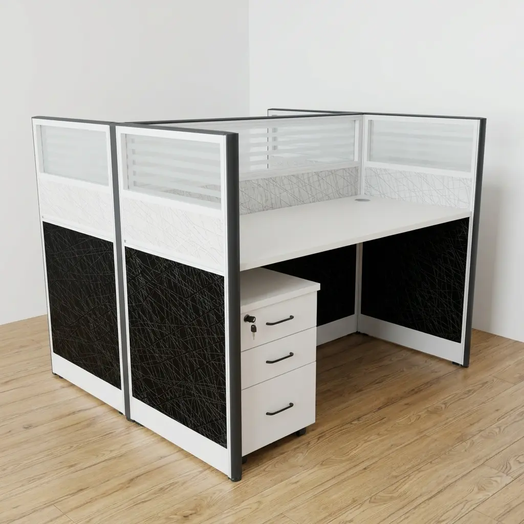 White 2-way office workstation cubicle featuring dual face-to-face modern white tabletops with grommets, separated by tri-panel privacy screens with a striped glass top, a grey middle tier, and textured black lower panels, complete with a lockable white mobile 3-drawer filing cabinet.