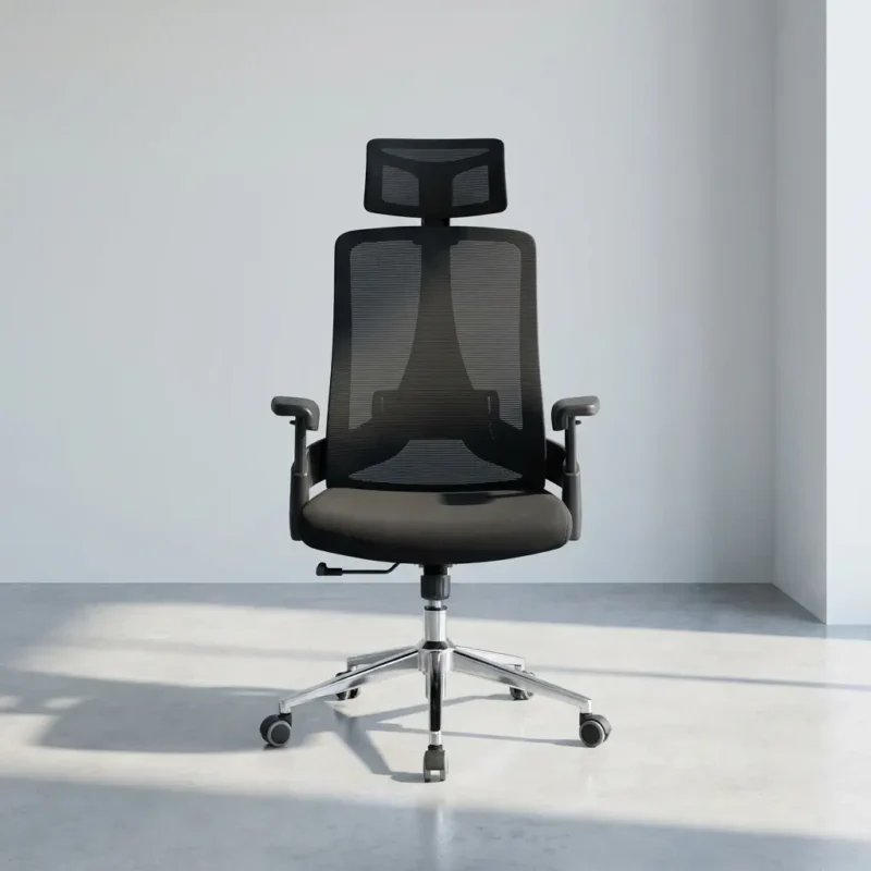 Black adjustable ergonomic office chair featuring a high-back breathable mesh backrest with an independent mesh headrest, integrated lumbar support, 3D adjustable T-shaped armrests, a contoured black fabric seat pad, and a polished aluminum five-star swivel base on rolling casters.