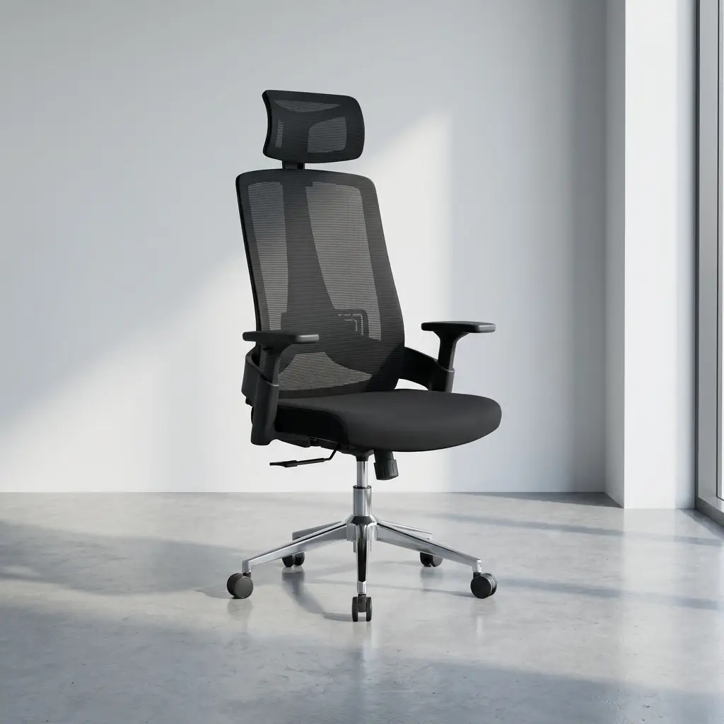 Black adjustable ergonomic office chair featuring a high-back breathable mesh backrest with an independent mesh headrest, integrated lumbar support, 3D adjustable T-shaped armrests, a contoured black fabric seat pad, and a polished aluminum five-star swivel base on rolling casters.