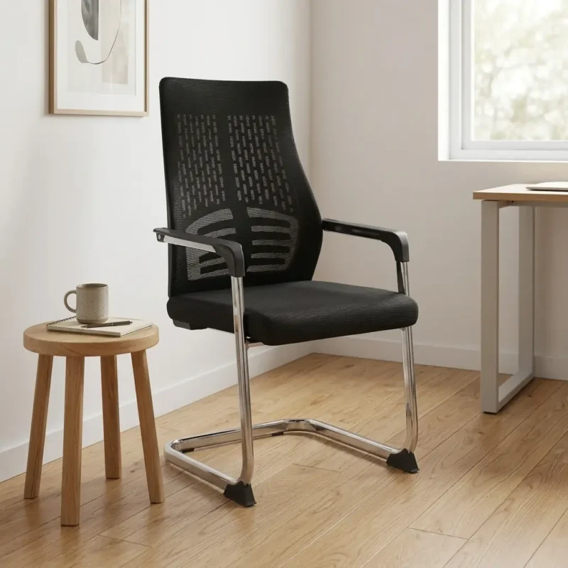 Black mesh high-back waiting visitor chair featuring a lumbar-support skeletal frame pattern backrest, fixed armrests, and a polished chrome cantilever sled base on a polished concrete floor.