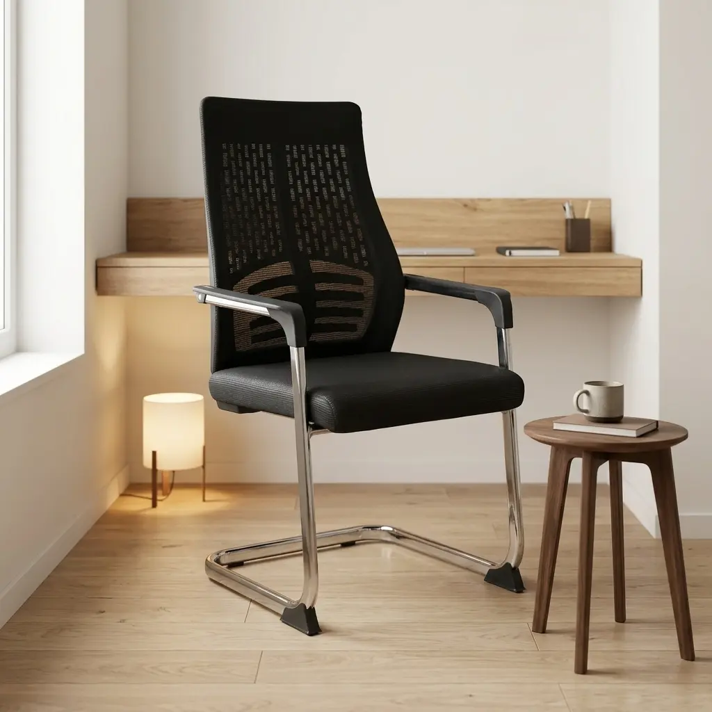 Black mesh high-back waiting visitor chair featuring a lumbar-support skeletal frame pattern backrest, fixed armrests, and a polished chrome cantilever sled base on a polished concrete floor.