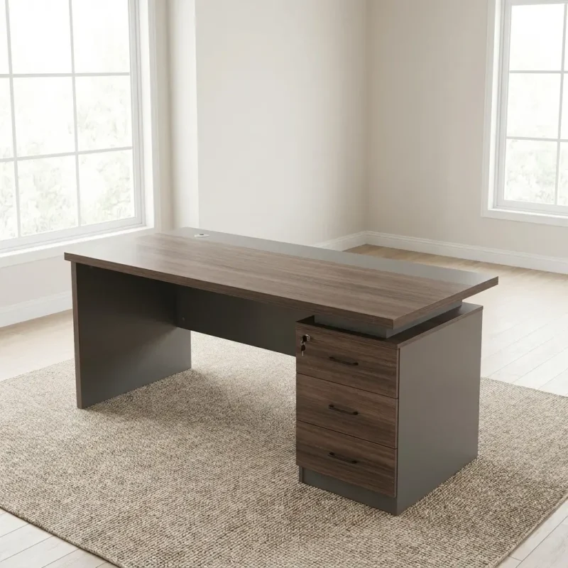 Modern 140cm executive office desk featuring a dual-tone dark walnut and charcoal gray wood finish, a floating desktop design with an integrated silver cable grommet, a modesty panel, and a built-in three-drawer locking pedestal file cabinet.