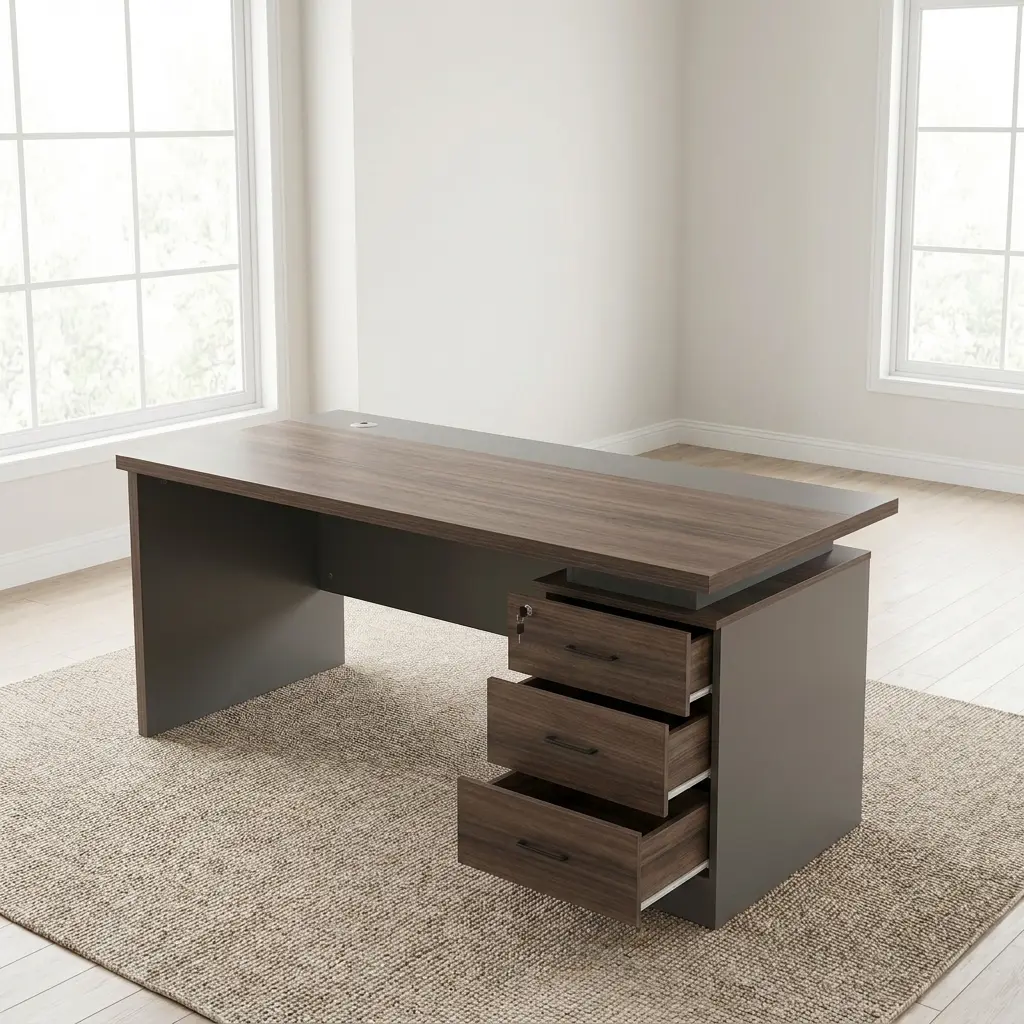 Modern 140cm executive office desk featuring a dual-tone dark walnut and charcoal gray wood finish, a floating desktop design with an integrated silver cable grommet, a modesty panel, and a built-in three-drawer locking pedestal file cabinet.