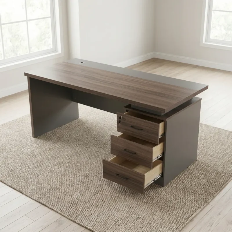 Modern 1600mm executive office desk in a dual-tone dark walnut and charcoal gray finish, featuring a floating desktop design with an integrated silver cable grommet, a modesty panel, and an attached three-drawer file pedestal with open drawers and a key-lock.