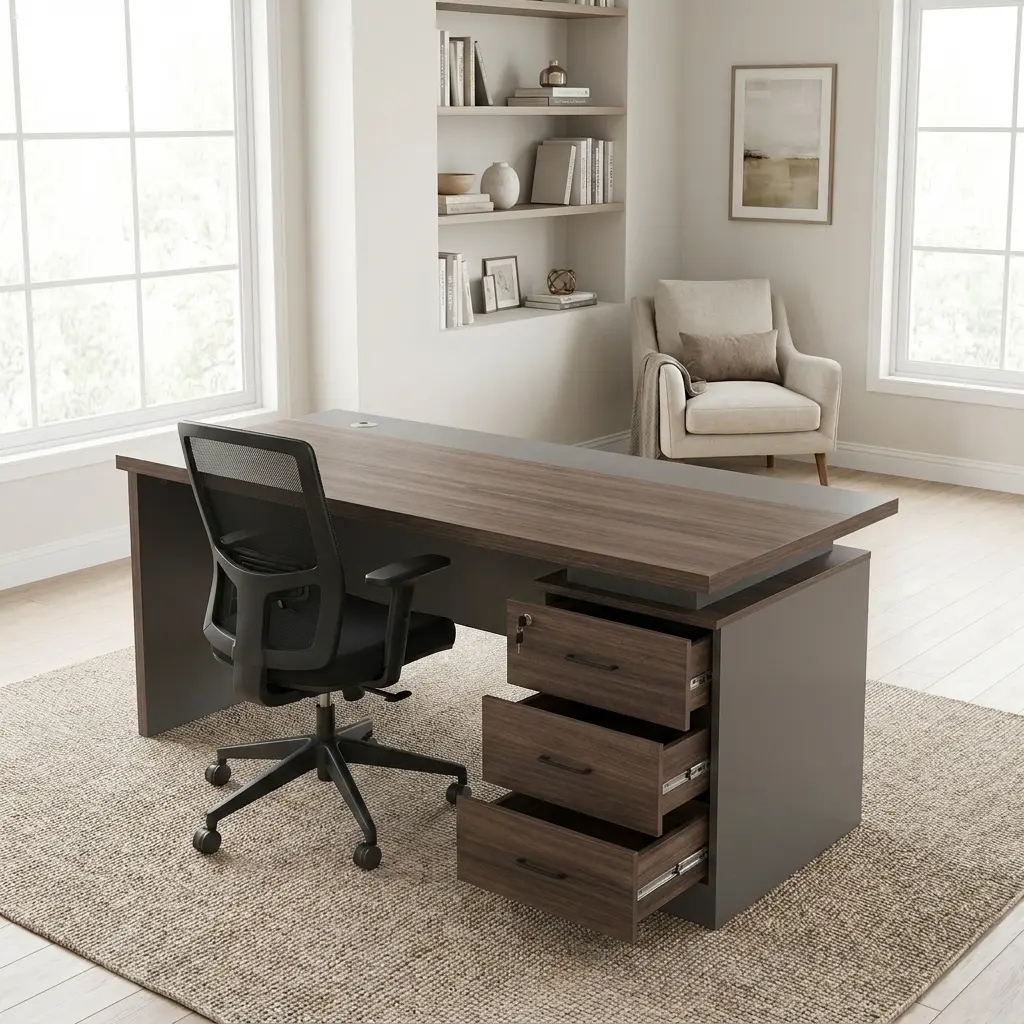 Modern 1600mm executive office desk in a dual-tone dark walnut and charcoal gray finish, featuring a floating desktop design with an integrated silver cable grommet, a modesty panel, and an attached three-drawer file pedestal with open drawers and a key-lock.