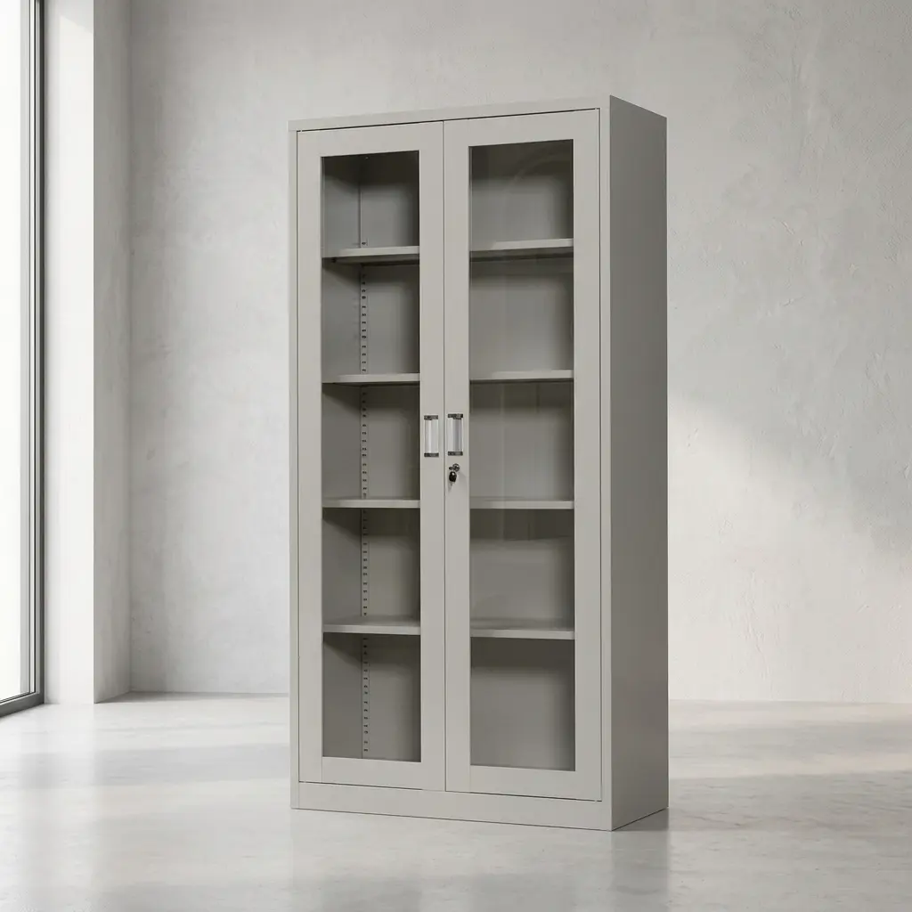 Industrial light gray steel filing cabinet featuring two full-length glass display doors, five adjustable storage shelves, and a central secure key-lock mechanism with recessed handles.