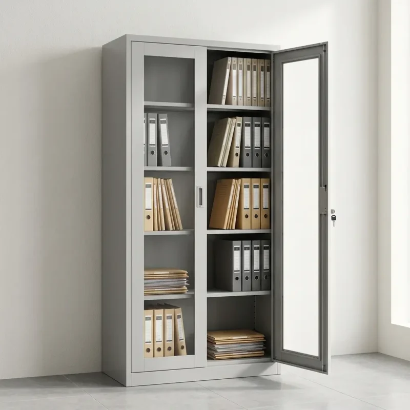 Industrial light gray steel filing cabinet featuring two full-length glass display doors, five adjustable storage shelves, and a central secure key-lock mechanism with recessed handles.