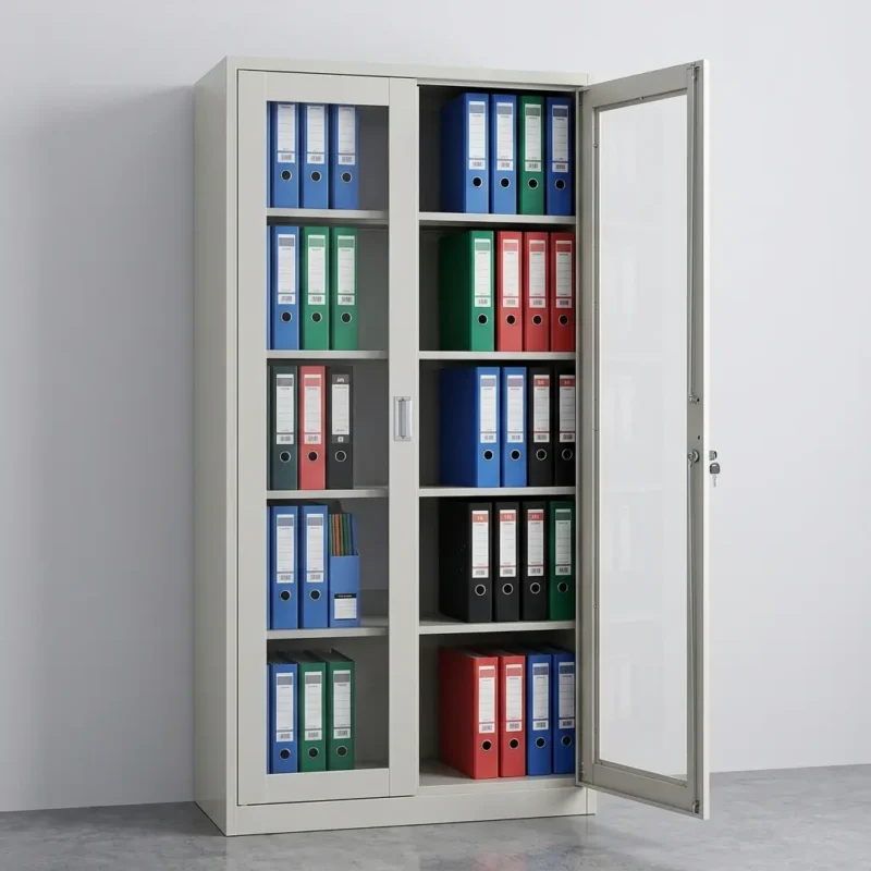 Industrial light gray steel document cabinet featuring five shelves filled with colorful ring binders, dual full-length glass panel doors with one door swung open, and a key-lock security mechanism.