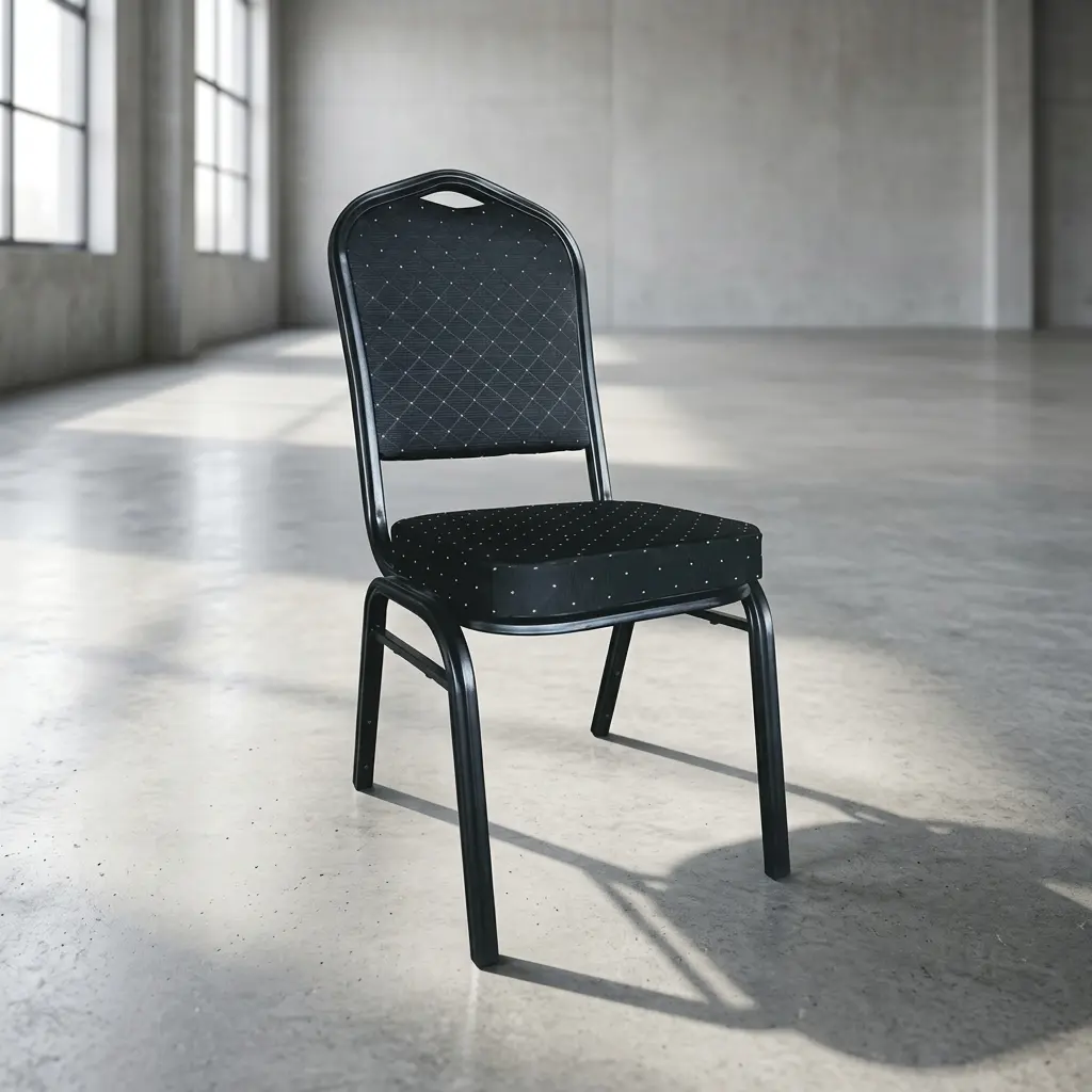 Stackable black banquet conference chair featuring a diamond-patterned fabric upholstered backrest and seat cushion, a crown-back metal frame with an integrated carrying handle, and sturdy black legs on a concrete floor.