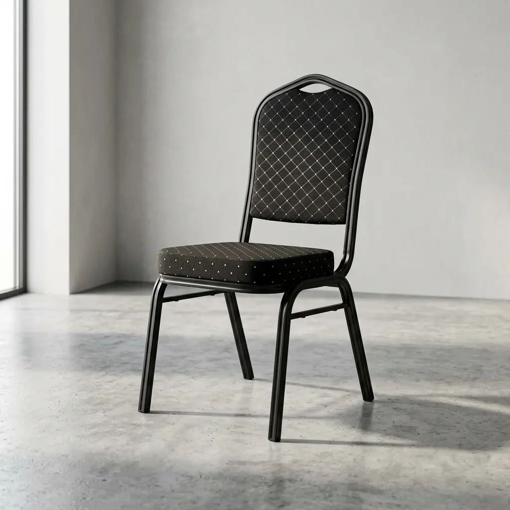 Stackable black banquet conference chair featuring a diamond-patterned fabric upholstered backrest and seat cushion, a crown-back metal frame with an integrated carrying handle, and sturdy black legs on a concrete floor.