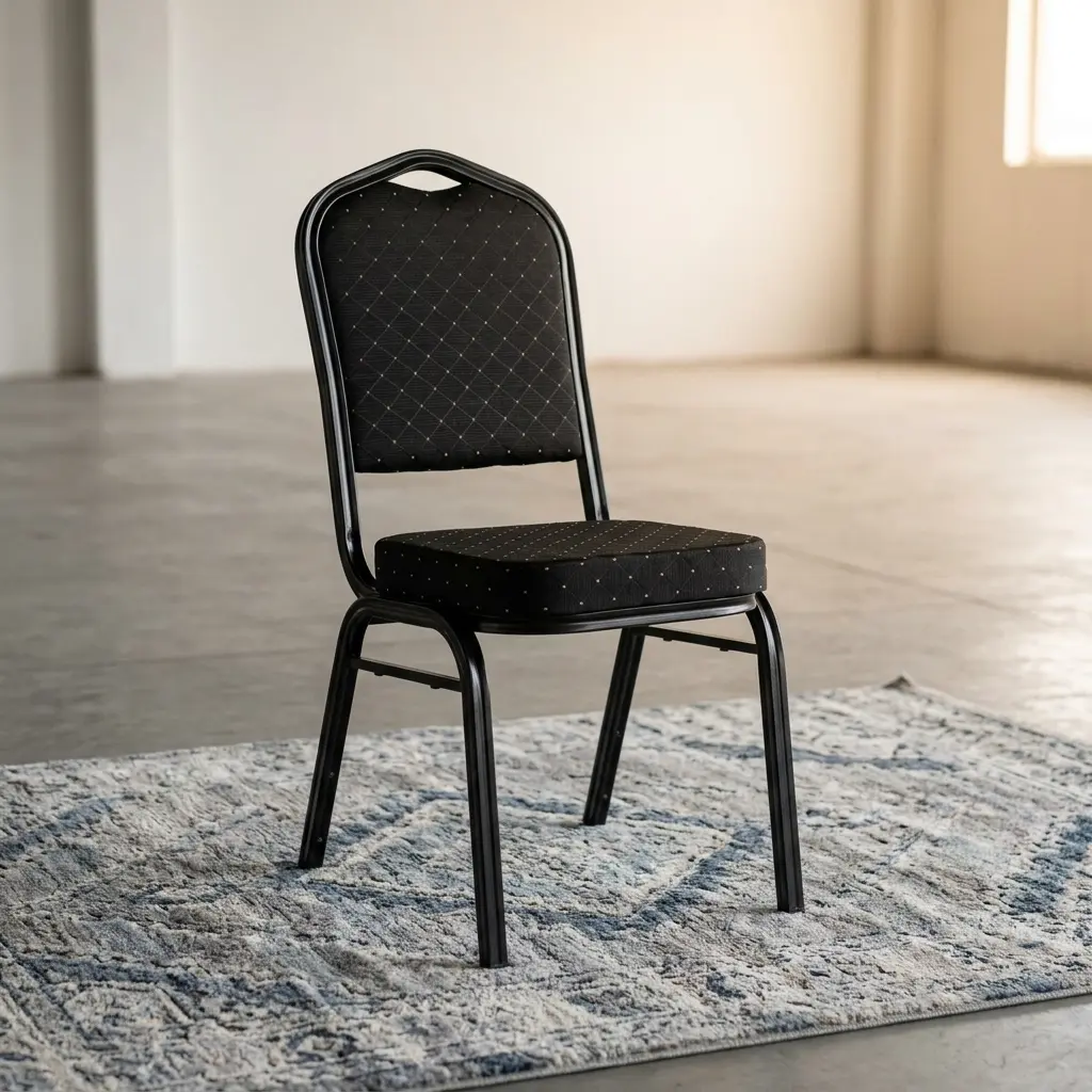 Stackable black banquet conference chair featuring a diamond-patterned fabric upholstered backrest and seat cushion, a crown-back metal frame with an integrated carrying handle, and sturdy black legs on a concrete floor.