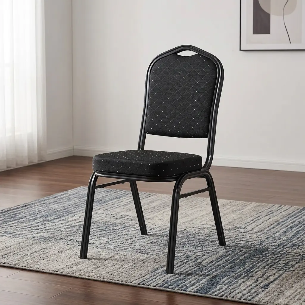 Stackable black banquet conference chair featuring a diamond-patterned fabric upholstered backrest and seat cushion, a crown-back metal frame with an integrated carrying handle, and sturdy black legs on a concrete floor.