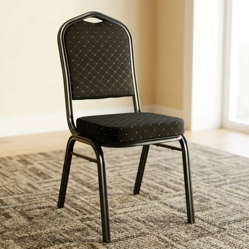Stackable black banquet conference chair featuring a diamond-patterned fabric upholstered backrest and seat cushion, a crown-back metal frame with an integrated carrying handle, and sturdy black legs on a concrete floor.