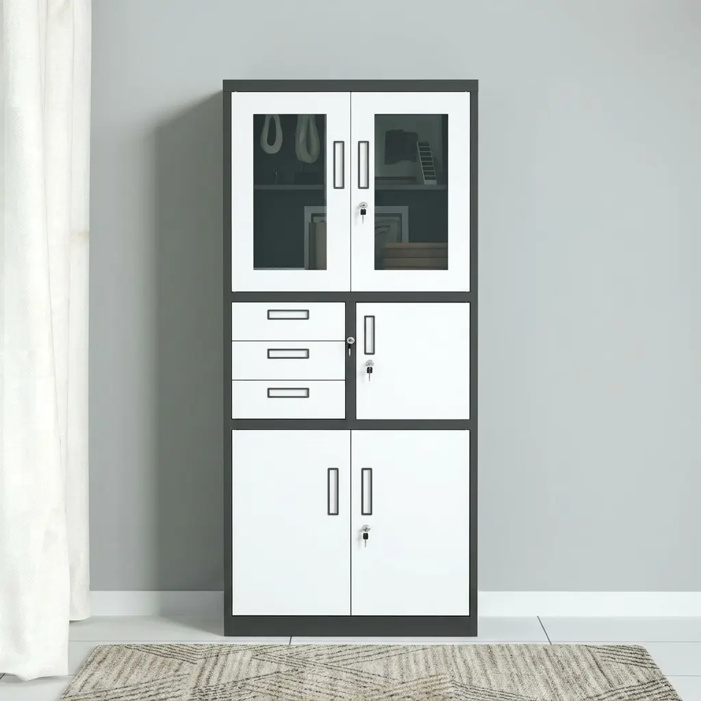 Dual-tone dark gray and white steel office filing cabinet featuring an upper display section with two glass panel doors, a central three-drawer storage organizer alongside a locking internal safe locker, and a double-door lower metal cupboard.
