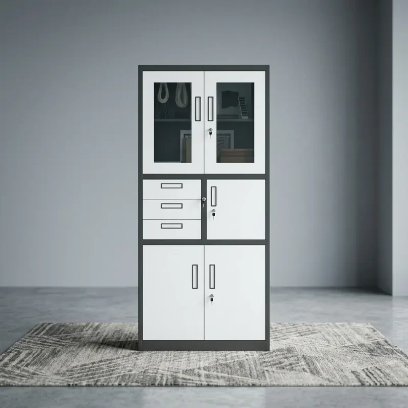 Dual-tone dark gray and white steel office filing cabinet featuring an upper display section with two glass panel doors, a central three-drawer storage organizer alongside a locking internal safe locker, and a double-door lower metal cupboard.