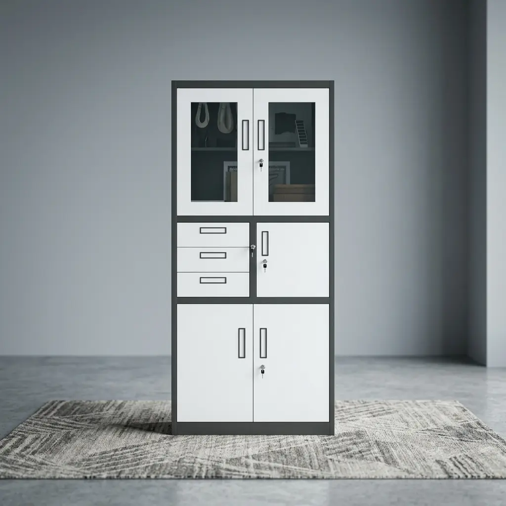 Dual-tone dark gray and white steel office filing cabinet featuring an upper display section with two glass panel doors, a central three-drawer storage organizer alongside a locking internal safe locker, and a double-door lower metal cupboard.