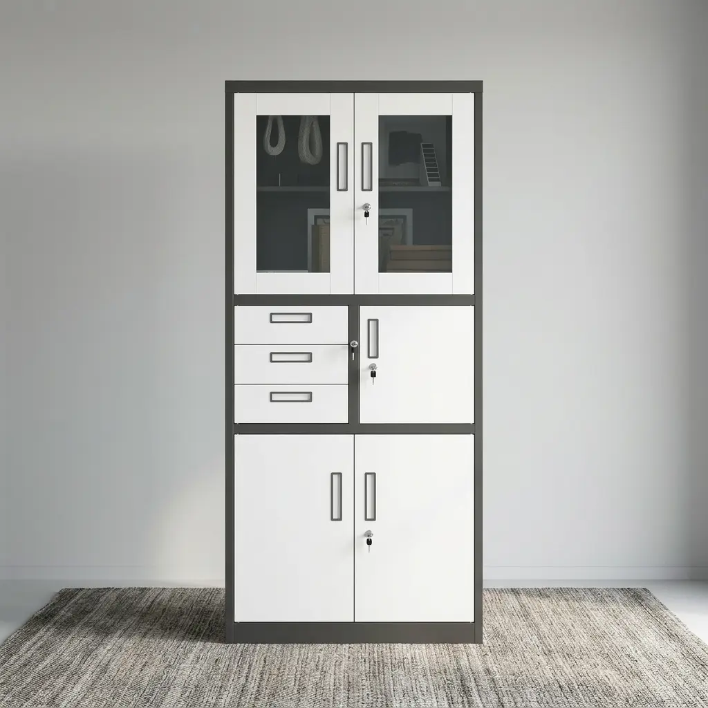 Dual-tone dark gray and white steel office filing cabinet featuring an upper display section with two glass panel doors, a central three-drawer storage organizer alongside a locking internal safe locker, and a double-door lower metal cupboard.