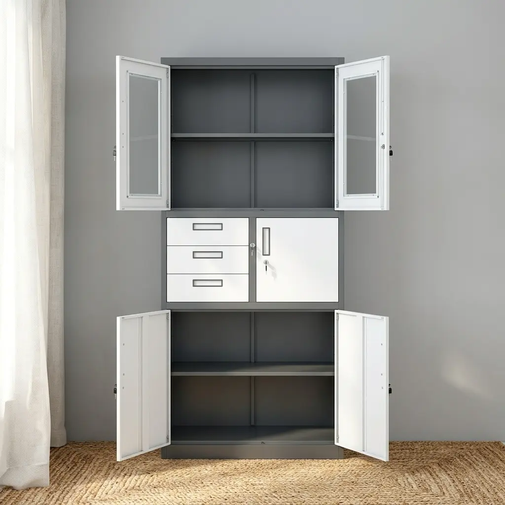 Dual-tone dark gray and white steel office filing cabinet featuring an upper display section with two glass panel doors, a central three-drawer storage organizer alongside a locking internal safe locker, and a double-door lower metal cupboard.