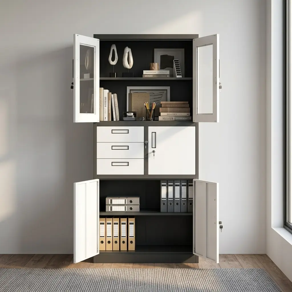 Dual-tone dark gray and white steel office filing cabinet featuring an upper display section with two glass panel doors, a central three-drawer storage organizer alongside a locking internal safe locker, and a double-door lower metal cupboard.