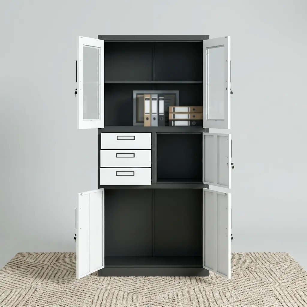 Dual-tone dark gray and white steel office filing cabinet featuring an upper display section with two glass panel doors, a central three-drawer storage organizer alongside a locking internal safe locker, and a double-door lower metal cupboard.
