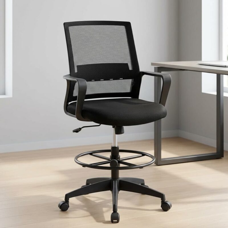 Mesh cashier chair with footrest featuring a breathable black mesh mid-backrest with a built-in horizontal lumbar support band, fixed black polymer loop armrests, a contoured black fabric padded seat cushion, an adjustable pneumatic chrome gas lift cylinder equipped with a circular black metal foot ring, and a five-star black nylon base on dual-wheel swivel casters.