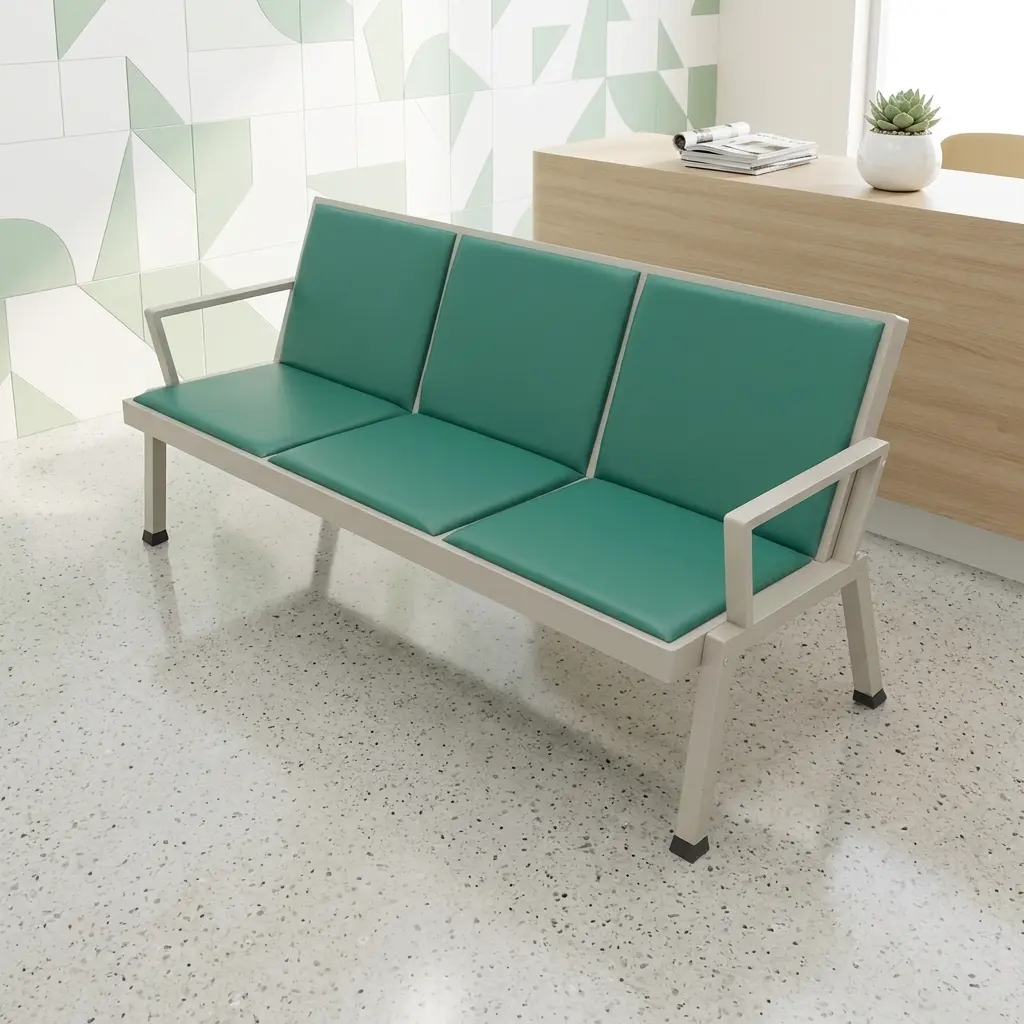 Heavy-duty 3-seater public waiting bench featuring perforated green metal gang chairs, curved silver chrome armrests and border trim, and a sturdy chrome beam support leg system.