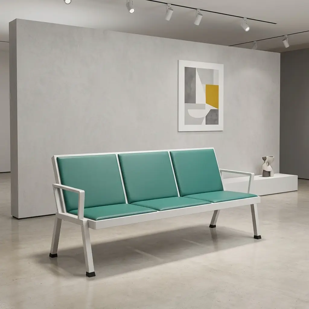Heavy-duty 3-seater public waiting bench featuring perforated green metal gang chairs, curved silver chrome armrests and border trim, and a sturdy chrome beam support leg system.