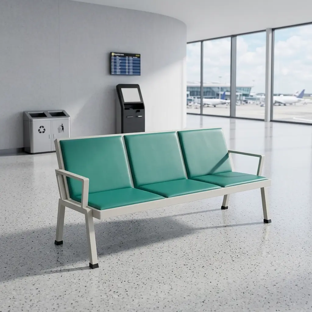 Heavy-duty 3-seater public waiting bench featuring perforated green metal gang chairs, curved silver chrome armrests and border trim, and a sturdy chrome beam support leg system.