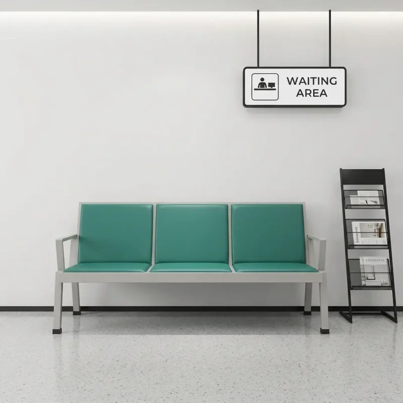 Heavy-duty 3-seater public waiting bench featuring perforated green metal gang chairs, curved silver chrome armrests and border trim, and a sturdy chrome beam support leg system.