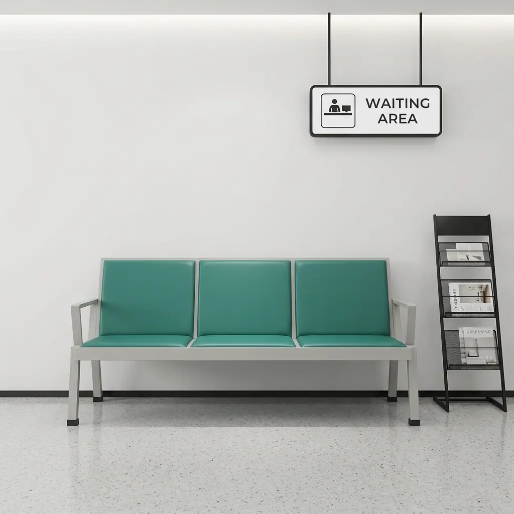 Heavy-duty 3-seater public waiting bench featuring perforated green metal gang chairs, curved silver chrome armrests and border trim, and a sturdy chrome beam support leg system.