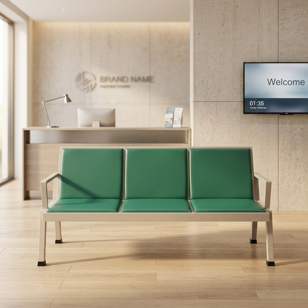 Heavy-duty 3-seater public waiting bench featuring perforated green metal gang chairs, curved silver chrome armrests and border trim, and a sturdy chrome beam support leg system.
