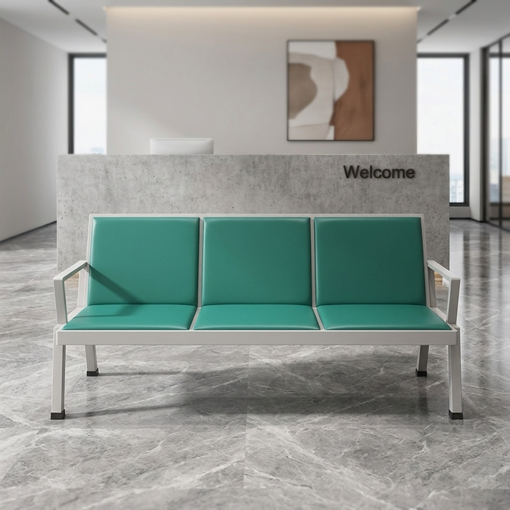 Heavy-duty 3-seater public waiting bench featuring perforated green metal gang chairs, curved silver chrome armrests and border trim, and a sturdy chrome beam support leg system.