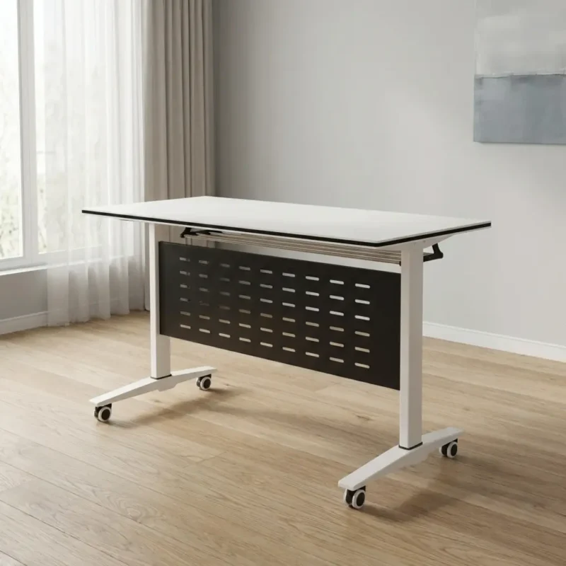 Modern 120cm mobile training table featuring a white rectangular flip-top surface, a black perforated steel modesty panel, and a white metal T-leg frame equipped with locking caster wheels.