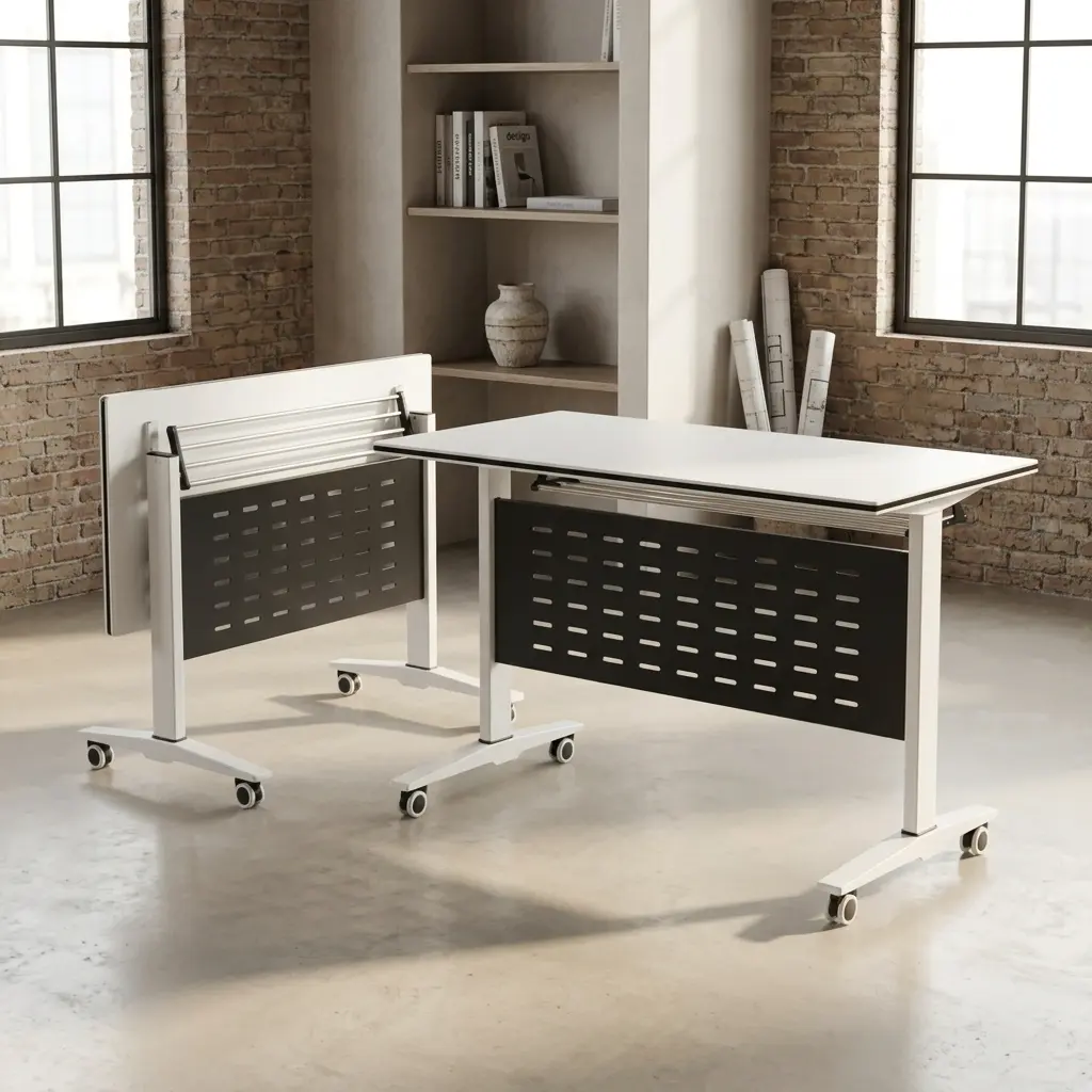 Modern 120cm mobile training table featuring a white rectangular flip-top surface, a black perforated steel modesty panel, and a white metal T-leg frame equipped with locking caster wheels.