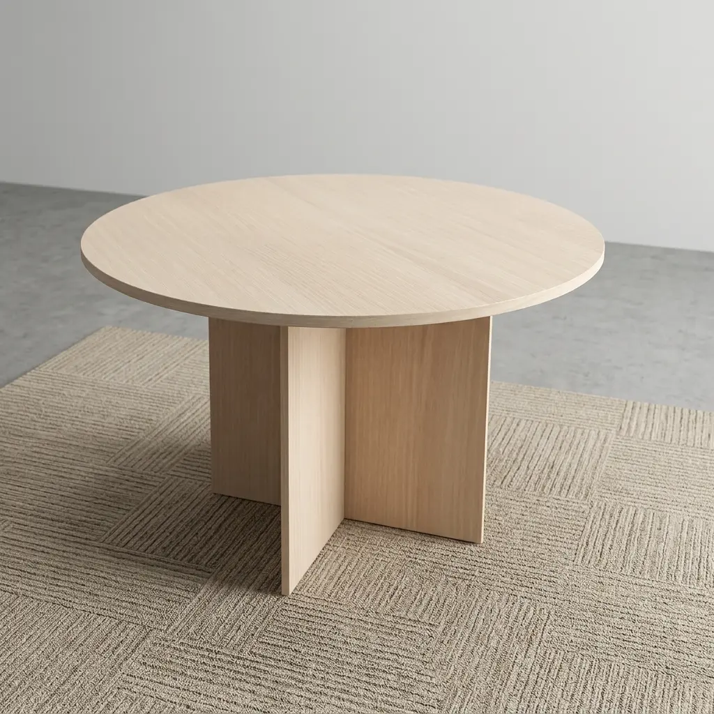 Modern 120cm round conference table featuring a rich cherry wood veneer tabletop with an integrated black circular cable grommet and a sturdy X-shaped slab base.