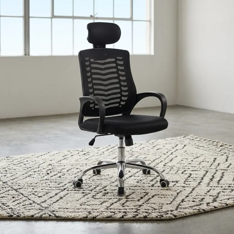 Ergonomic high-back office chair upholstered in black mesh, featuring an adjustable padded headrest, curved loop armrests, a contoured wave-pattern lumbar support backrest, and a polished chrome 5-star swivel base with caster wheels.