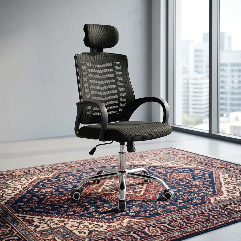 Ergonomic high-back office chair upholstered in black mesh, featuring an adjustable padded headrest, curved loop armrests, a contoured wave-pattern lumbar support backrest, and a polished chrome 5-star swivel base with caster wheels.