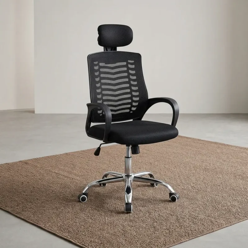 Ergonomic high-back office staff chair featuring a black mesh backrest with a distinct horizontal chevron ventilation pattern, an adjustable padded headrest, curved nylon armrests, a cushioned mesh seat, and a polished chrome 5-star swivel base with dual-wheel casters.