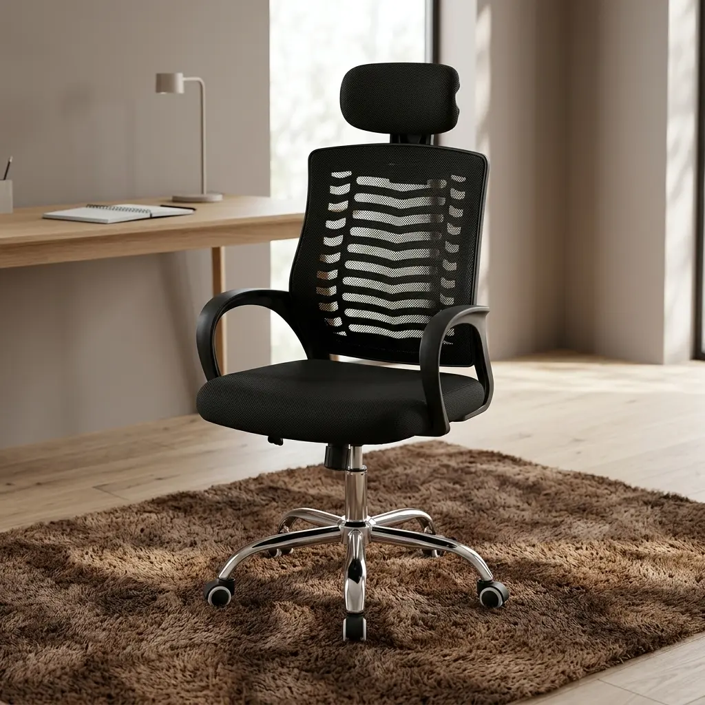 Ergonomic high-back office staff chair featuring a black mesh backrest with a distinct horizontal chevron ventilation pattern, an adjustable padded headrest, curved nylon armrests, a cushioned mesh seat, and a polished chrome 5-star swivel base with dual-wheel casters.