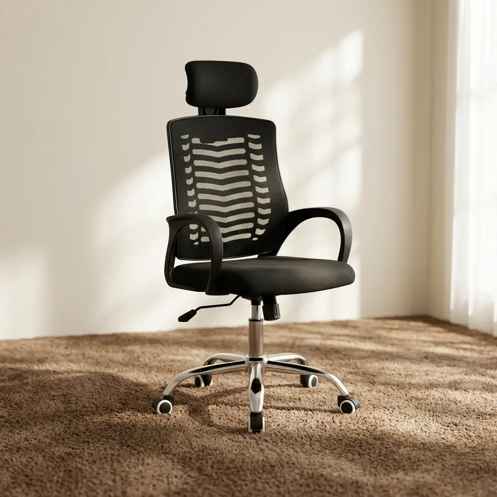 Ergonomic high-back office staff chair featuring a black mesh backrest with a distinct horizontal chevron ventilation pattern, an adjustable padded headrest, curved nylon armrests, a cushioned mesh seat, and a polished chrome 5-star swivel base with dual-wheel casters.