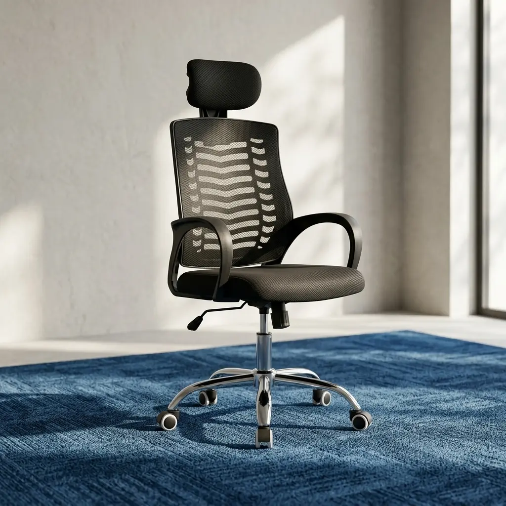 Ergonomic high-back office staff chair featuring a black mesh backrest with a distinct horizontal chevron ventilation pattern, an adjustable padded headrest, curved nylon armrests, a cushioned mesh seat, and a polished chrome 5-star swivel base with dual-wheel casters.