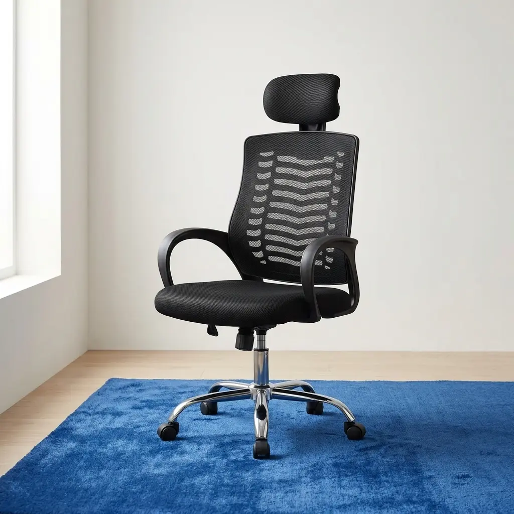 Ergonomic high-back office staff chair featuring a black mesh backrest with a distinct horizontal chevron ventilation pattern, an adjustable padded headrest, curved nylon armrests, a cushioned mesh seat, and a polished chrome 5-star swivel base with dual-wheel casters.