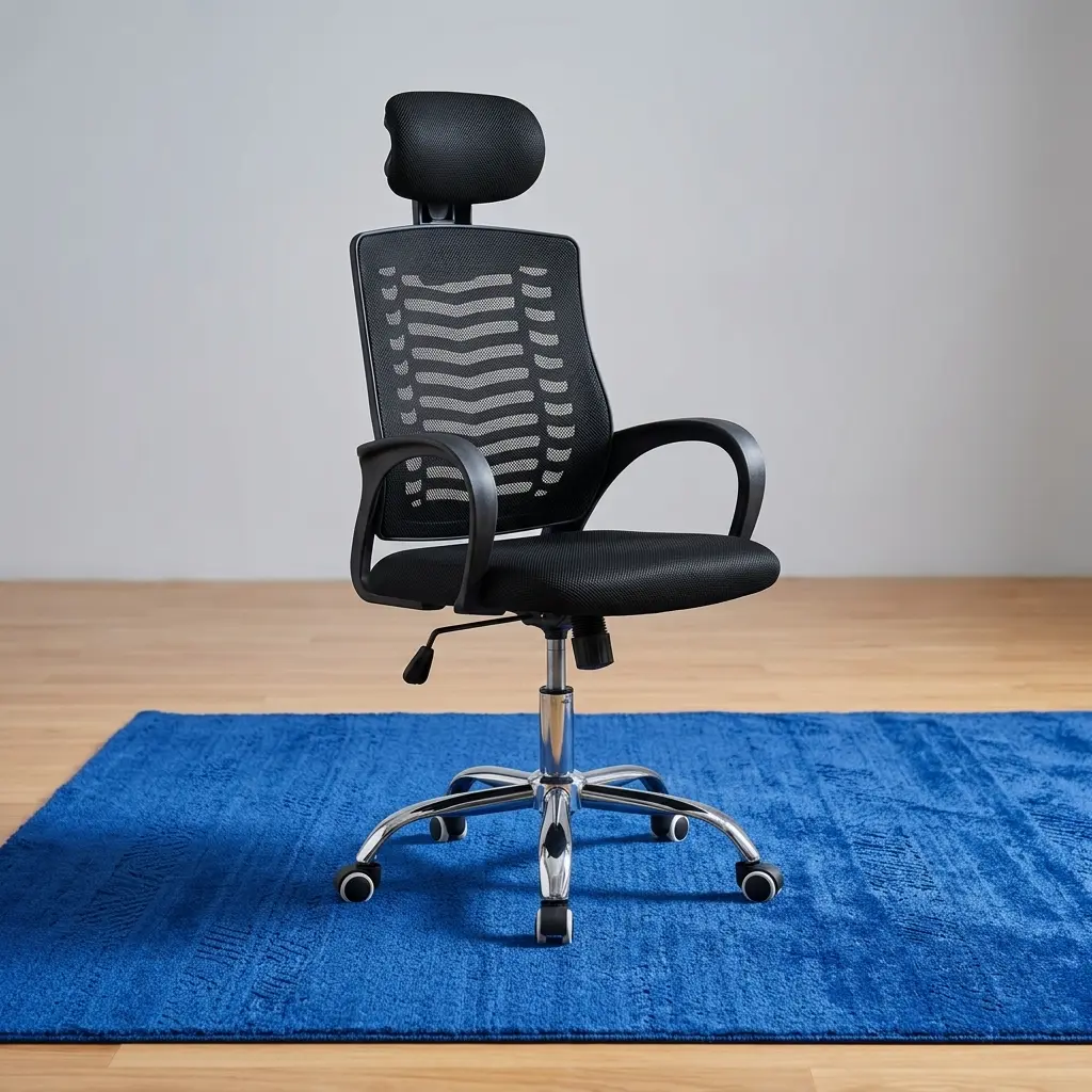 Ergonomic high-back office staff chair featuring a black mesh backrest with a distinct horizontal chevron ventilation pattern, an adjustable padded headrest, curved nylon armrests, a cushioned mesh seat, and a polished chrome 5-star swivel base with dual-wheel casters.