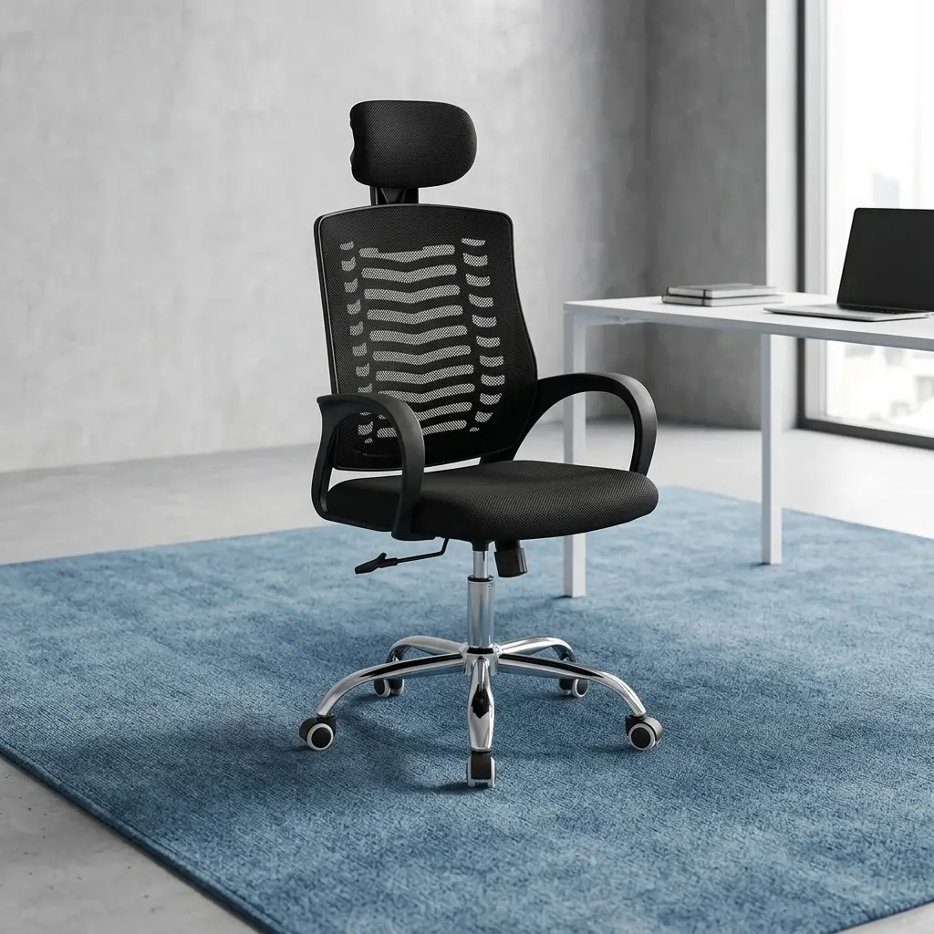 Ergonomic high-back office staff chair featuring a black mesh backrest with a distinct horizontal chevron ventilation pattern, an adjustable padded headrest, curved nylon armrests, a cushioned mesh seat, and a polished chrome 5-star swivel base with dual-wheel casters.
