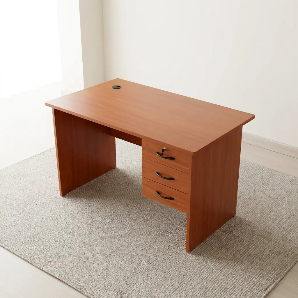 Compact 1.0m home office desk in a cherry wood finish, featuring an open right-hand three-drawer pedestal with curved black handles, a key-lock top drawer, a rectangular writing surface with a black cable grommet, and an integrated modesty panel.